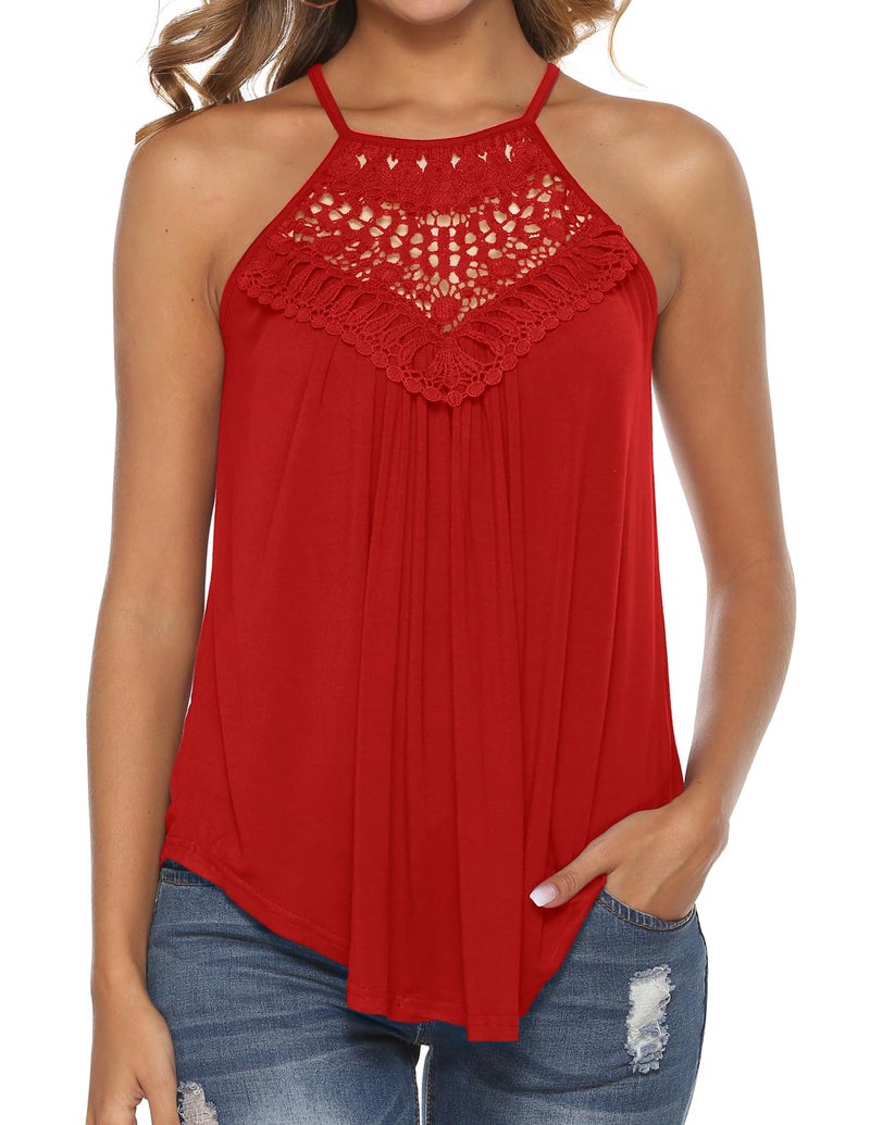 Bluetime Spaghetti Strap Tops for Women Flowy Lace Dressy Tank Tops Jersey Shirt Red L - Image 1
